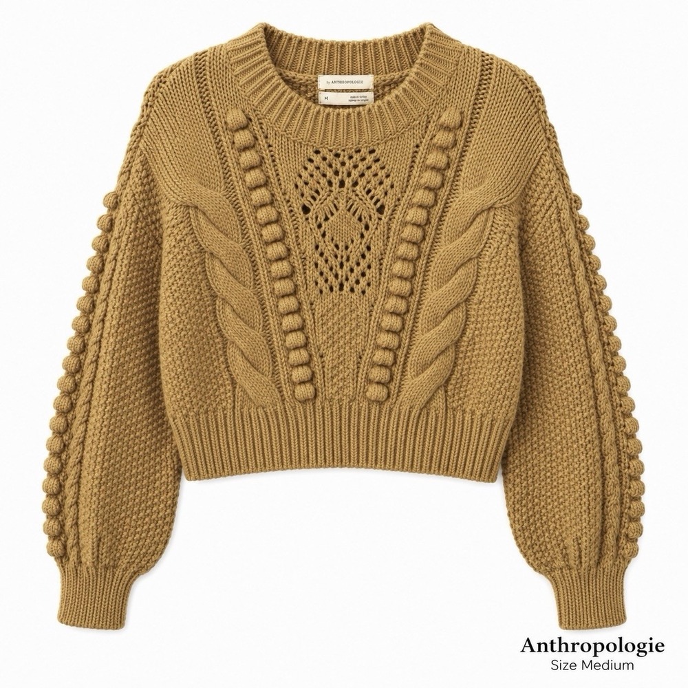 Anthropologie Womens Golden Cable Knit Cropped Sweater Balloon Sleeve Medium